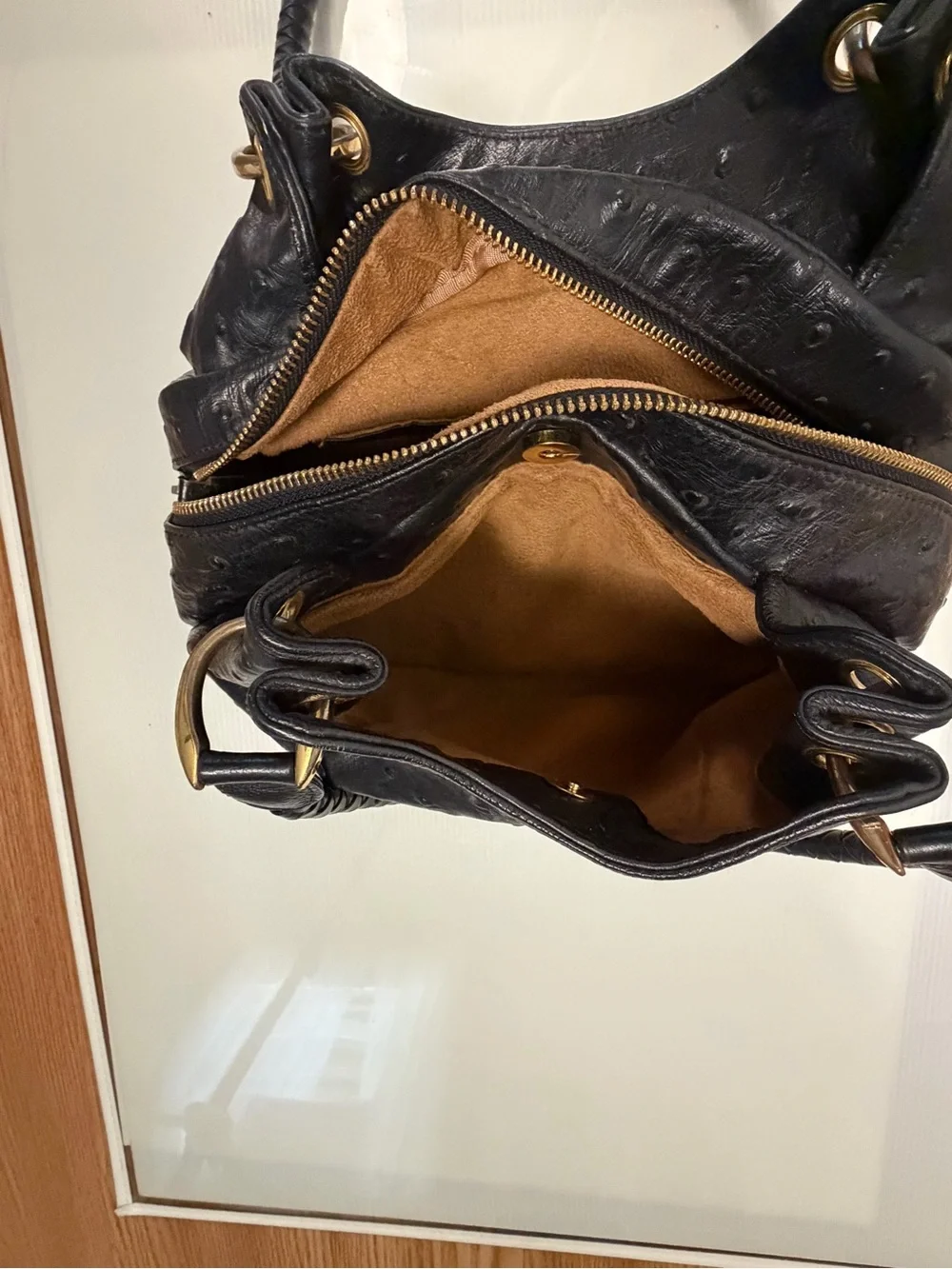 Isabella Adam’s Black Shoulder Bag with Gold Hardware - Embossed Texture
